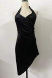 Sexy Simplicity Solid Backless Asymmetrical V Neck Irregular Dress Dresses