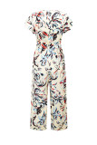 Fashion Casual Printed Ruffle V Neck Loose Slim Jumpsuit