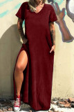 Casual Simplicity Solid Pocket Slit V Neck T-shirt Dress Dresses