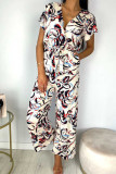 Fashion Casual Printed Ruffle V Neck Loose Slim Jumpsuit