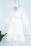 Sweet Elegant Solid Tassel Embroidered Hollowed Out V Neck A Line Dresses