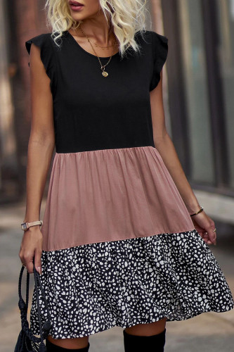 Casual Leopard Patchwork O Neck A Line Short Sleeve Dress