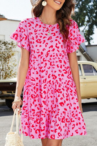 Casual Leopard Patchwork O Neck Short Sleeve Dress