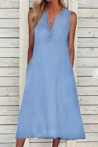 Casual Solid Make Old Pocket V Neck Sleeveless Regular Denim Dresses