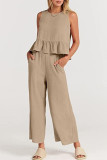 Casual Simplicity Solid Pocket Buttons O Neck Sleeveless Two Pieces