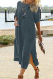 Casual Solid Pocket O Neck Long Sleeve Dresses