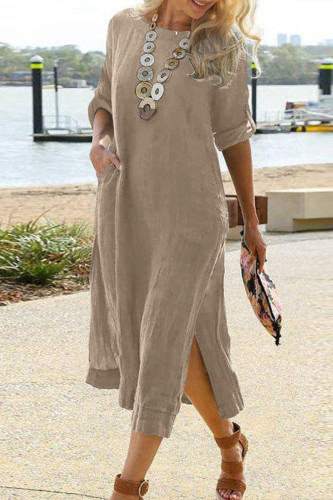 Casual Solid Pocket O Neck Long Sleeve Dresses