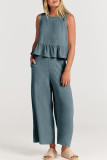 Casual Simplicity Solid Pocket Buttons O Neck Sleeveless Two Pieces