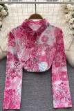 Work Elegant Floral Patchwork Turndown Collar Tops