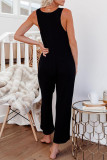 Casual Solid Pocket U Neck Loose Jumpsuits