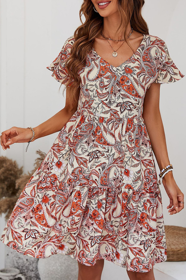 Bohemian College Print Patchwork V Neck Dresses