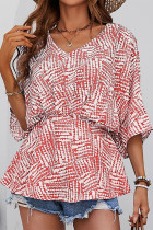 Sweet Daily Print Patchwork V Neck Tops