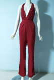 Sexy Elegant Solid Backless Fold V Neck Regular Jumpsuits