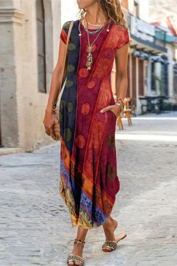 Casual Street Print Patchwork O Neck Short Sleeve Dress Dresses