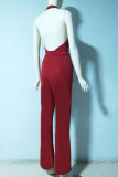Sexy Elegant Solid Backless Fold V Neck Regular Jumpsuits