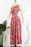 Sweet Elegant Print Backless Slit Oblique Collar A Line Dresses