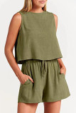 Casual Simplicity Solid Frenulum O Neck Sleeveless Two Pieces