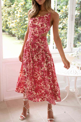 Sweet Elegant Print Backless Slit Oblique Collar A Line Dresses