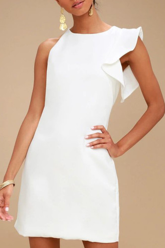 Sweet Cute Solid Flounce Asymmetrical O Neck One Step Skirt Dresses