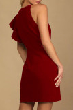 Sweet Cute Solid Flounce Asymmetrical O Neck One Step Skirt Dresses