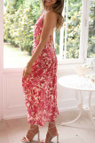 Sweet Elegant Print Backless Slit Oblique Collar A Line Dresses