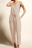 Casual College Solid Frenulum V Neck Loose Jumpsuits