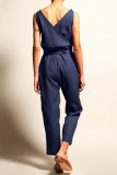Casual College Solid Frenulum V Neck Loose Jumpsuits