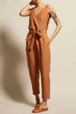 Casual College Solid Frenulum V Neck Loose Jumpsuits