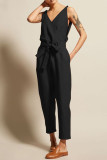 Casual College Solid Frenulum V Neck Loose Jumpsuits