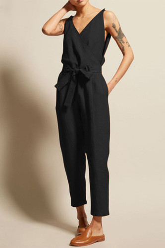 Casual College Solid Frenulum V Neck Loose Jumpsuits