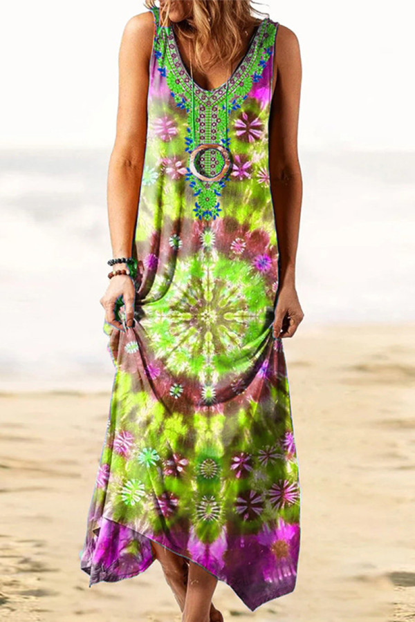 Bohemian Vintage Print Patchwork O Neck Vest Dress Dresses