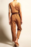 Casual College Solid Frenulum V Neck Loose Jumpsuits