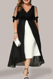 Plus Size Sexy Solid Patchwork Pearl V Neck Irregular Dress Dresses