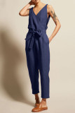 Casual College Solid Frenulum V Neck Loose Jumpsuits