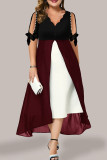 Plus Size Sexy Solid Patchwork Pearl V Neck Irregular Dress Dresses