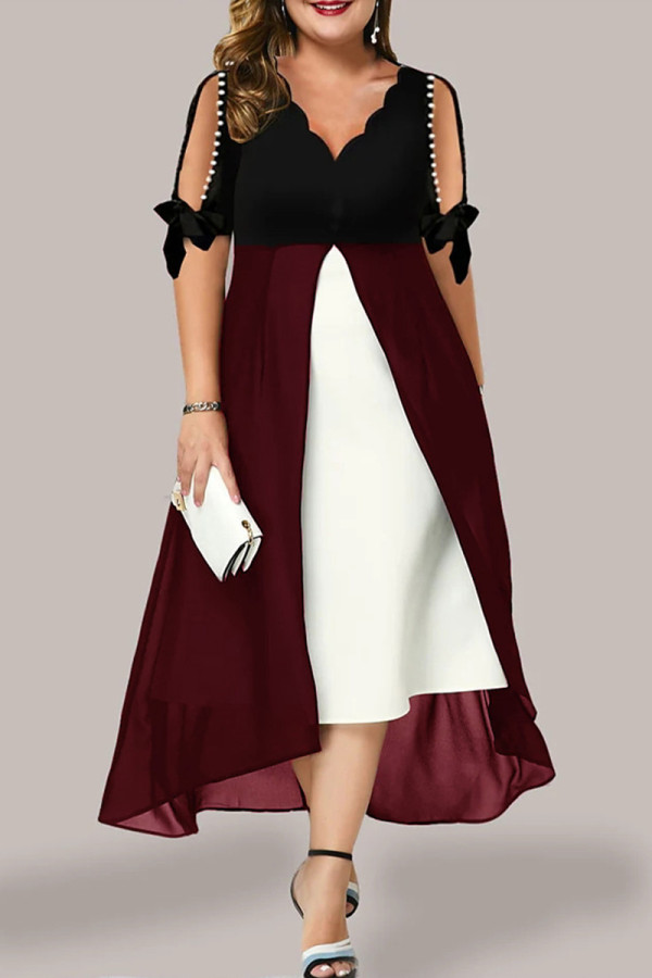 Plus Size Sexy Solid Patchwork Pearl V Neck Irregular Dress Dresses