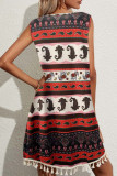 Bohemian College Print Tassel Patchwork O Neck Vest Dress Dresses