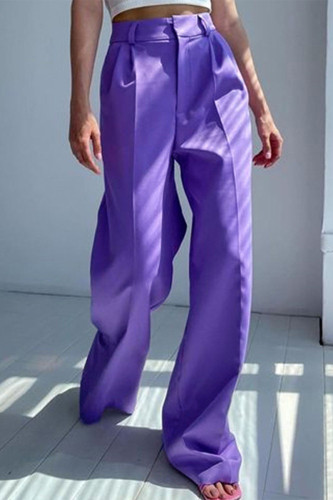 Work Elegant Solid Fold Without Belt Loose High Waist Straight Solid Color Bottoms