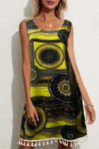 Bohemian College Print Tassel Patchwork O Neck Vest Dress Dresses