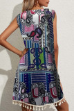 Bohemian College Print Tassel Patchwork O Neck Vest Dress Dresses