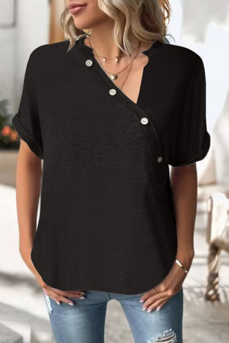 Casual Solid Buttons V Neck Tops