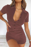 Sexy Casual Solid Buckle Turndown Collar Skinny Rompers