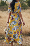 Bohemian Vacation Floral Patchwork Slit V Neck Waist Skirt Dresses