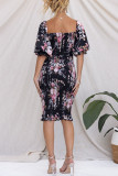 Sweet Elegant Floral Patchwork Square Collar Pencil Skirt Dresses