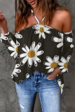 Casual Print Patchwork Backless Halter T-Shirts