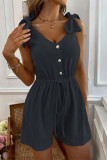 Casual Simplicity Solid Draw String Frenulum Buttons V Neck Loose Rompers