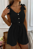 Casual Simplicity Solid Draw String Frenulum Buttons V Neck Loose Rompers