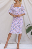 Sweet Elegant Floral Patchwork Square Collar Pencil Skirt Dresses