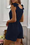 Casual Simplicity Solid Draw String Frenulum Buttons V Neck Loose Rompers