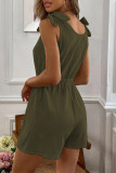 Casual Simplicity Solid Draw String Frenulum Buttons V Neck Loose Rompers